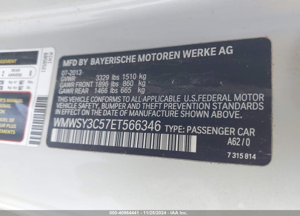 2014 MINI ROADSTER COOPER S VIN: WMWSY3C57ET566346