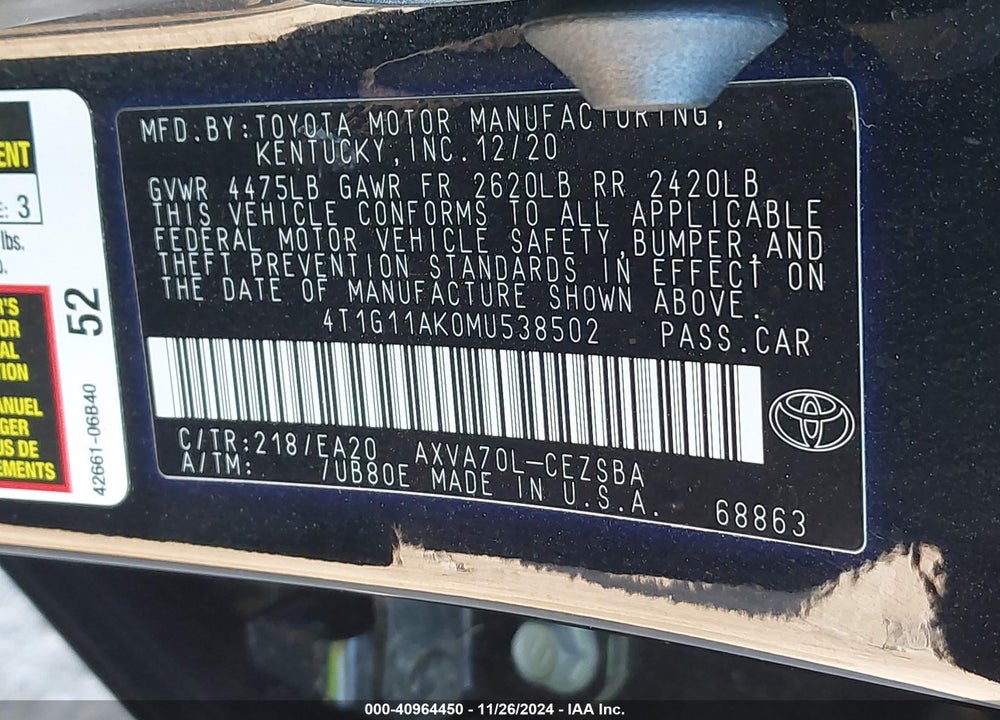 2021 TOYOTA CAMRY VIN: 4T1G11AK0MU538502