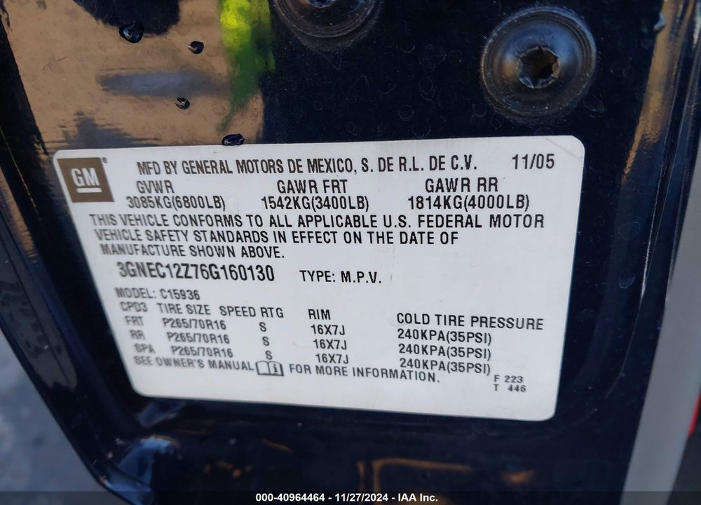 2006 CHEVROLET AVALANCHE 1500 LS VIN: 3GNEC12Z76G160130