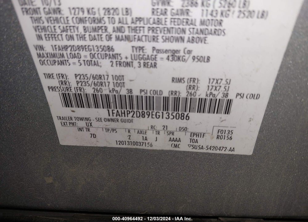 2014 FORD TAURUS VIN: 1FAHP2D89EG135086