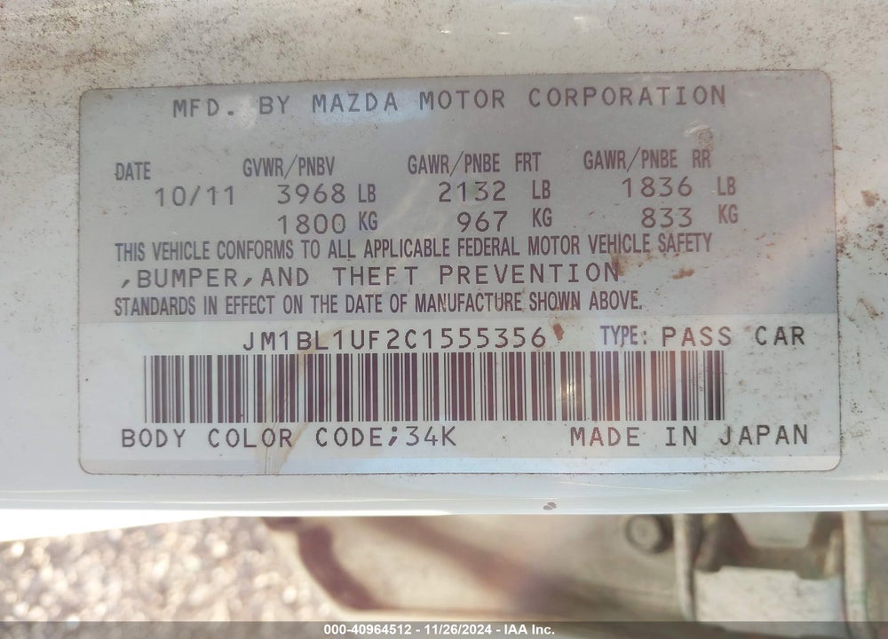 2012 MAZDA 3 I SPORT VIN: JM1BL1UF2C1555356