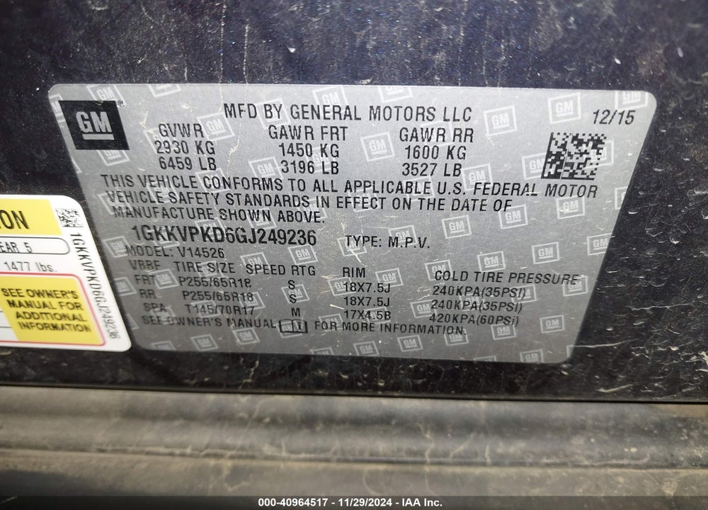2016 GMC ACADIA SLE-2 VIN: 1GKKVPKD6GJ249236