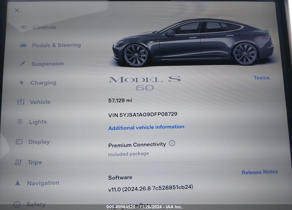2013 TESLA MODEL S VIN: 5YJSA1AG9DFP08729