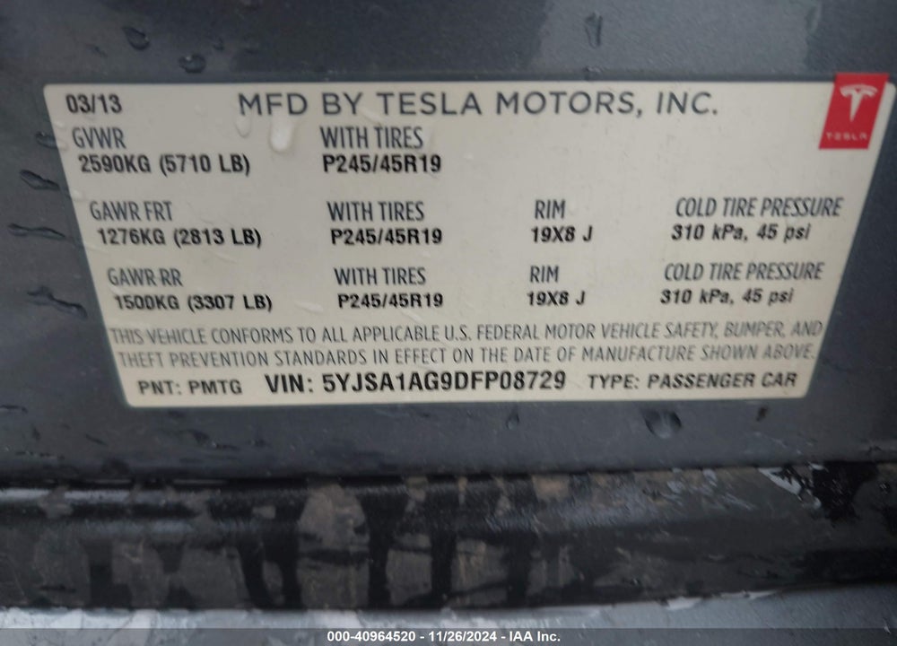 2013 TESLA MODEL S VIN: 5YJSA1AG9DFP08729