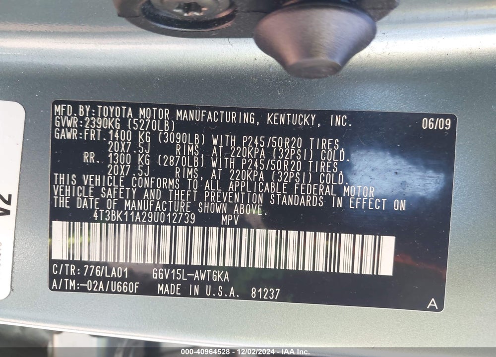 2009 TOYOTA VENZA VIN: 4T3BK11A29U012739