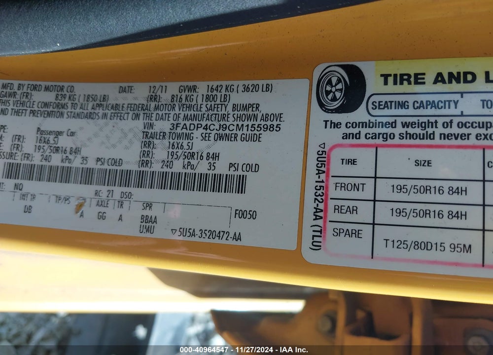2012 FORD FIESTA SEL VIN: 3FADP4CJ9CM155985