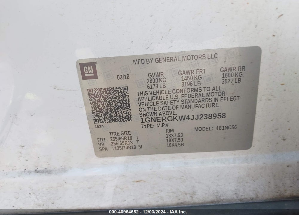 2018 CHEVROLET TRAVERSE 1LT VIN: 1GNERGKW4JJ238958