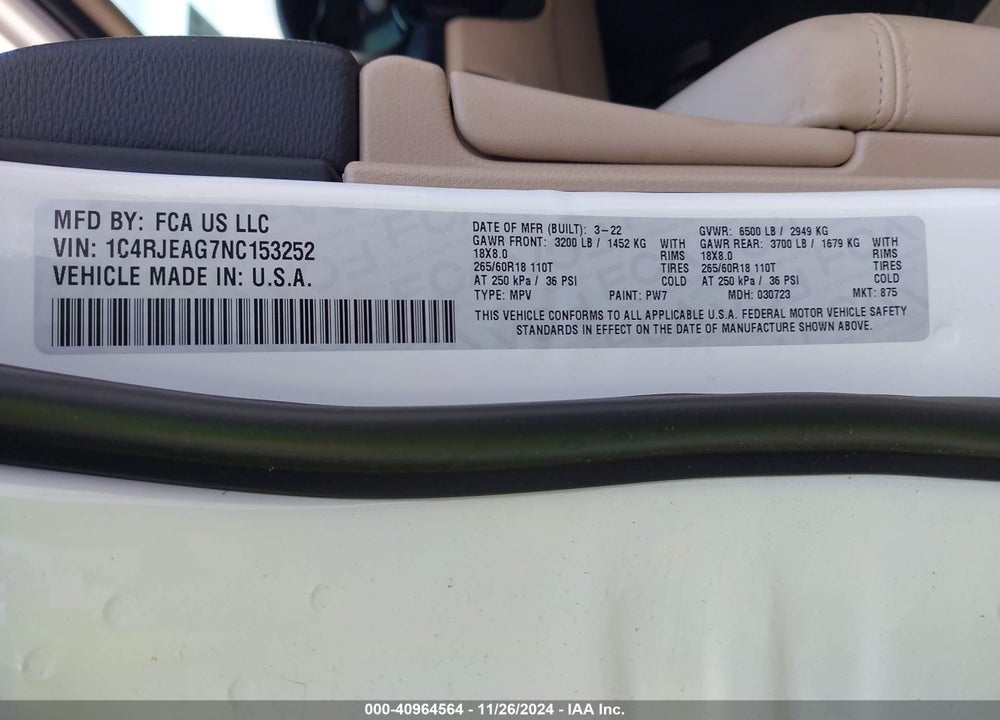 2022 JEEP GRAND CHEROKEE WK LAREDO E 4X2 VIN: 1C4RJEAG7NC153252