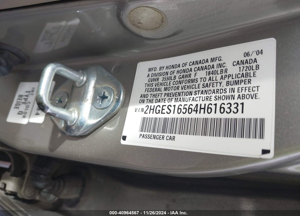 2004 HONDA CIVIC LX VIN: 2HGES16564H616331