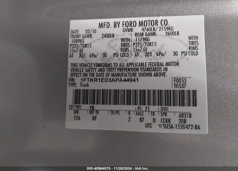 2010 FORD RANGER XL/XLT VIN: 1FTKR1ED3APA44941
