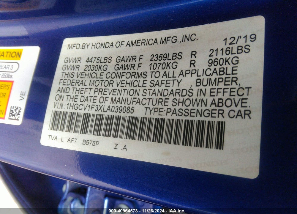 2020 HONDA ACCORD SPORT VIN: 1HGCV1F3XLA039085