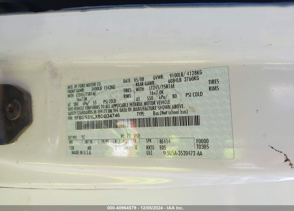 2008 FORD E-350 SUPER DUTY XL/XLT VIN: 1FBSS31LX8DB34746
