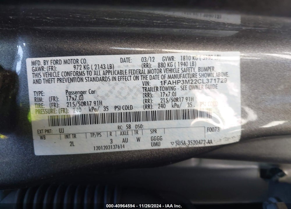 2012 FORD FOCUS SEL VIN: 1FAHP3M22CL371729