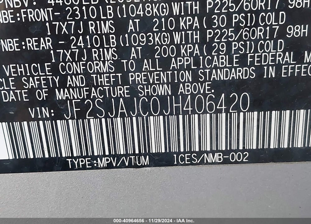 2018 SUBARU FORESTER 2.5I LIMITED VIN: JF2SJAJC0JH406420