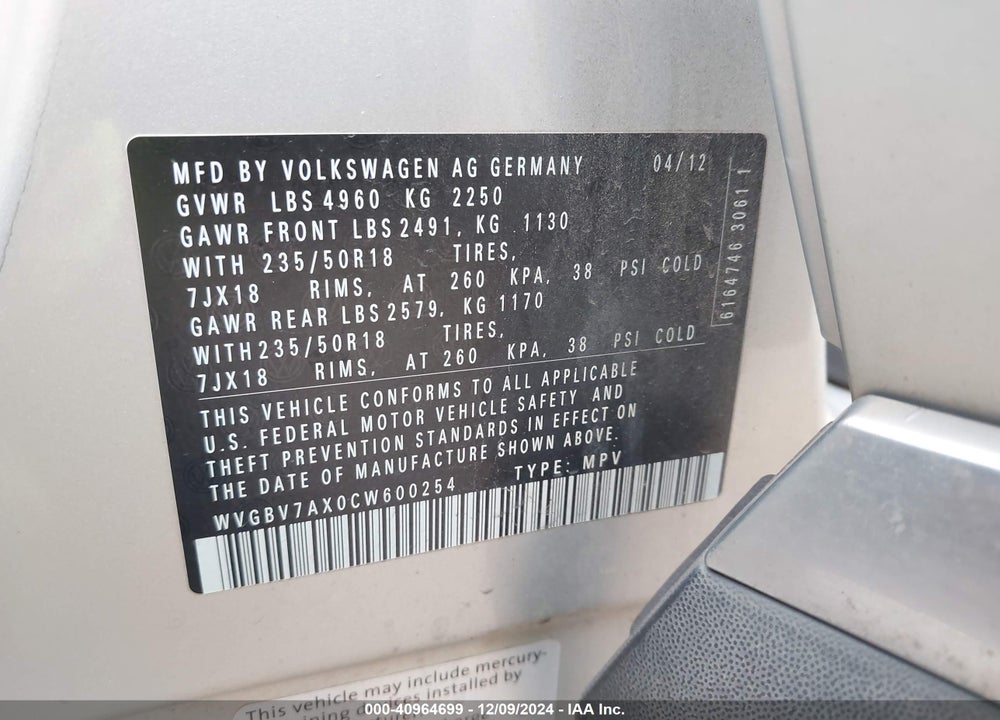 2012 VOLKSWAGEN TIGUAN SE VIN: WVGBV7AX0CW600254
