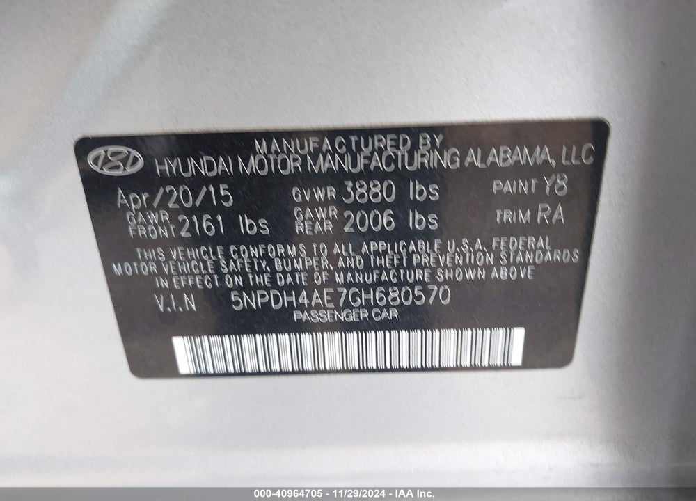 2016 HYUNDAI ELANTRA SE VIN: 5NPDH4AE7GH680570