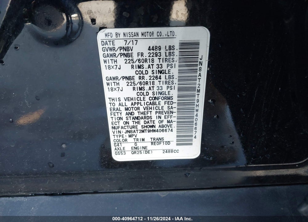 2017 NISSAN ROGUE SL VIN: JN8AT2MT9HW406674