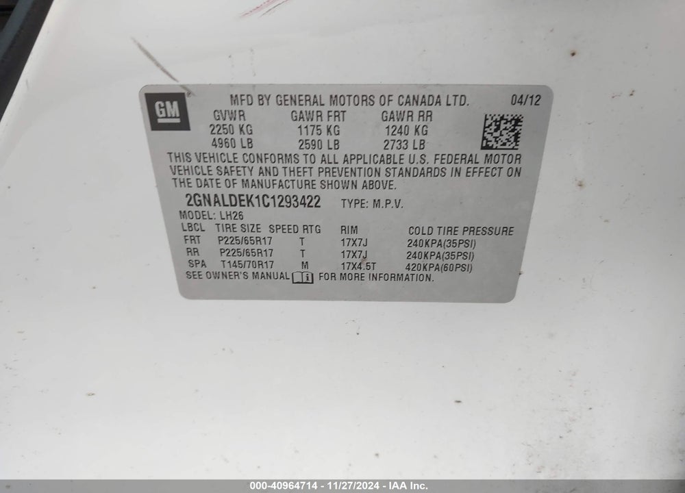 2012 CHEVROLET EQUINOX 1LT VIN: 2GNALDEK1C1293422