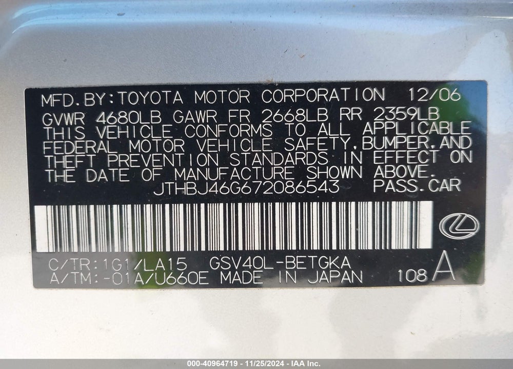 2007 LEXUS ES 350 VIN: JTHBJ46G672086543