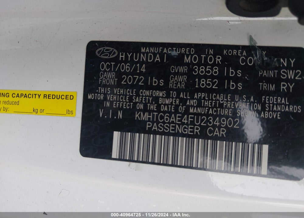 2015 HYUNDAI VELOSTER VIN: KMHTC6AE4FU234902