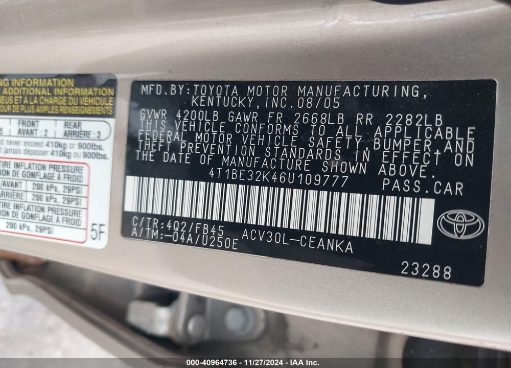 2006 TOYOTA CAMRY LE VIN: 4T1BE32K46U109777
