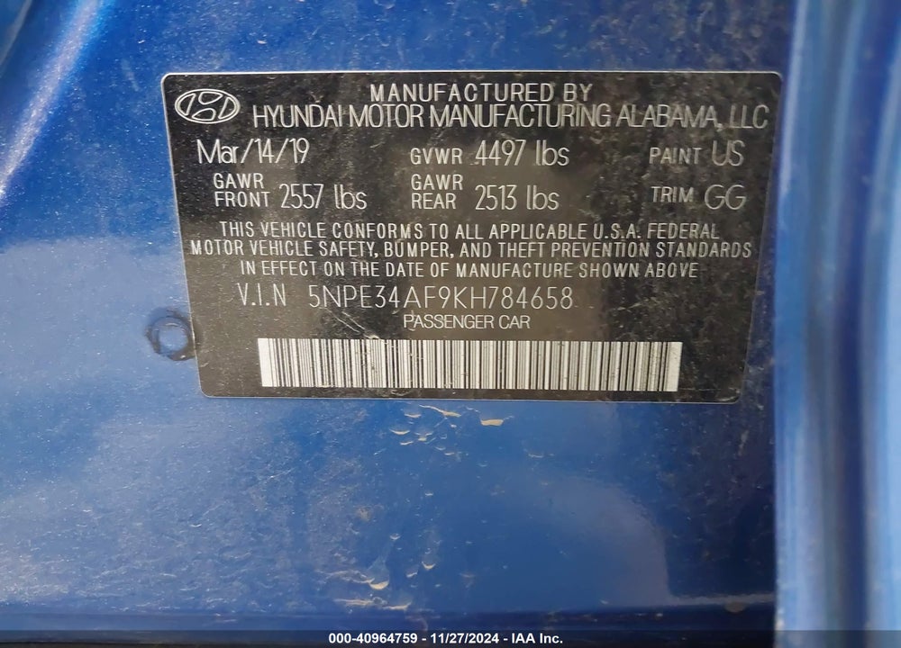 2019 HYUNDAI SONATA SEL VIN: 5NPE34AF9KH784658