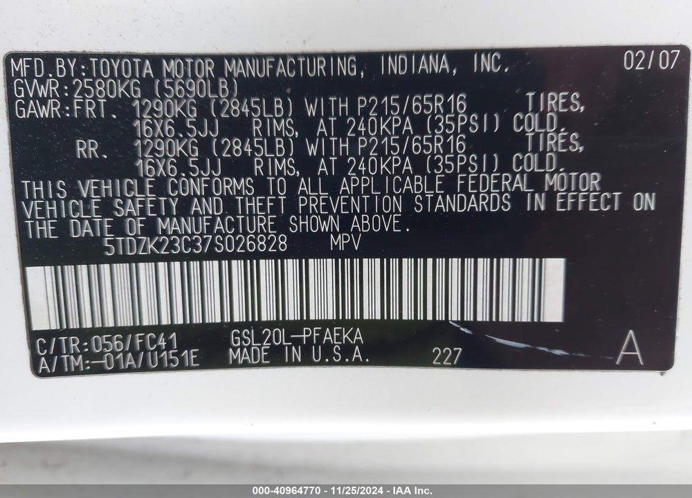 2007 TOYOTA SIENNA LE VIN: 5TDZK23C37S026828