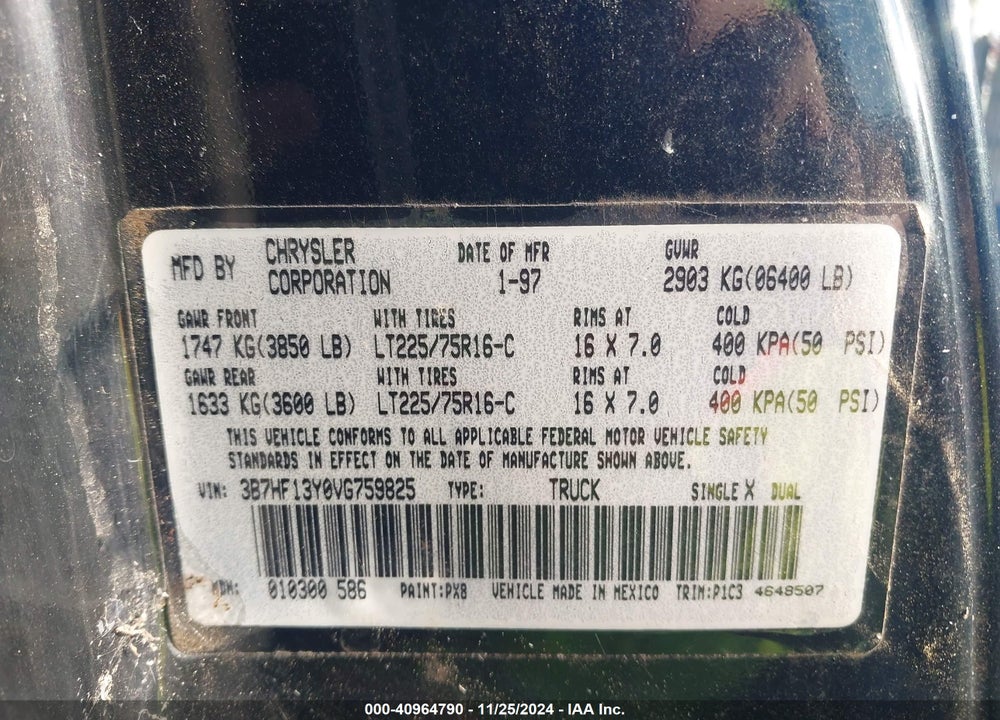 1997 DODGE RAM 1500 ST VIN: 3B7HF13Y0VG759825