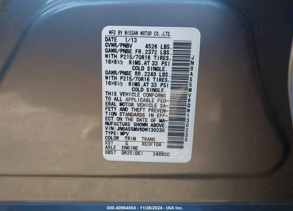 2013 NISSAN ROGUE S VIN: JN8AS5MV6DW130230