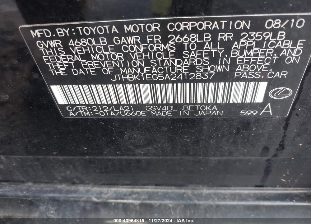 2010 LEXUS ES 350 VIN: JTHBK1EG5A2412837