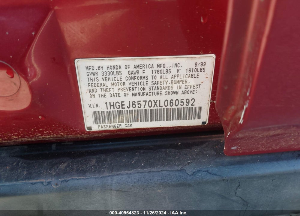 1999 HONDA CIVIC LX VIN: 1HGEJ6570XL060592