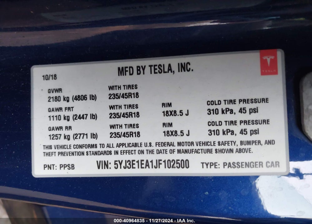 2018 TESLA MODEL 3 VIN: 5YJ3E1EA1JF102500