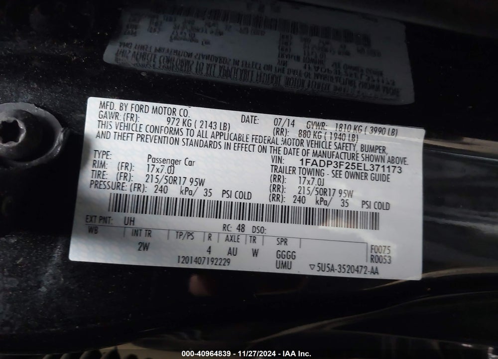 2014 FORD FOCUS SE VIN: 1FADP3F25EL371173