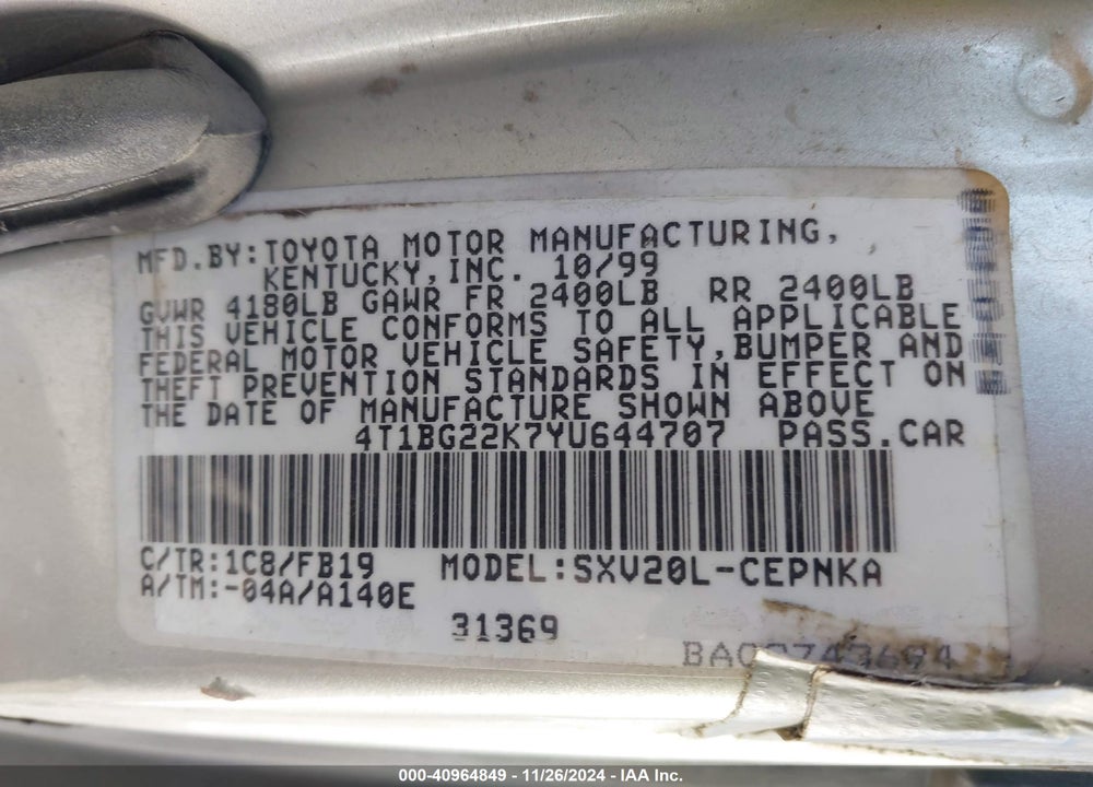 2000 TOYOTA CAMRY LE VIN: 4T1BG22K7YU644707