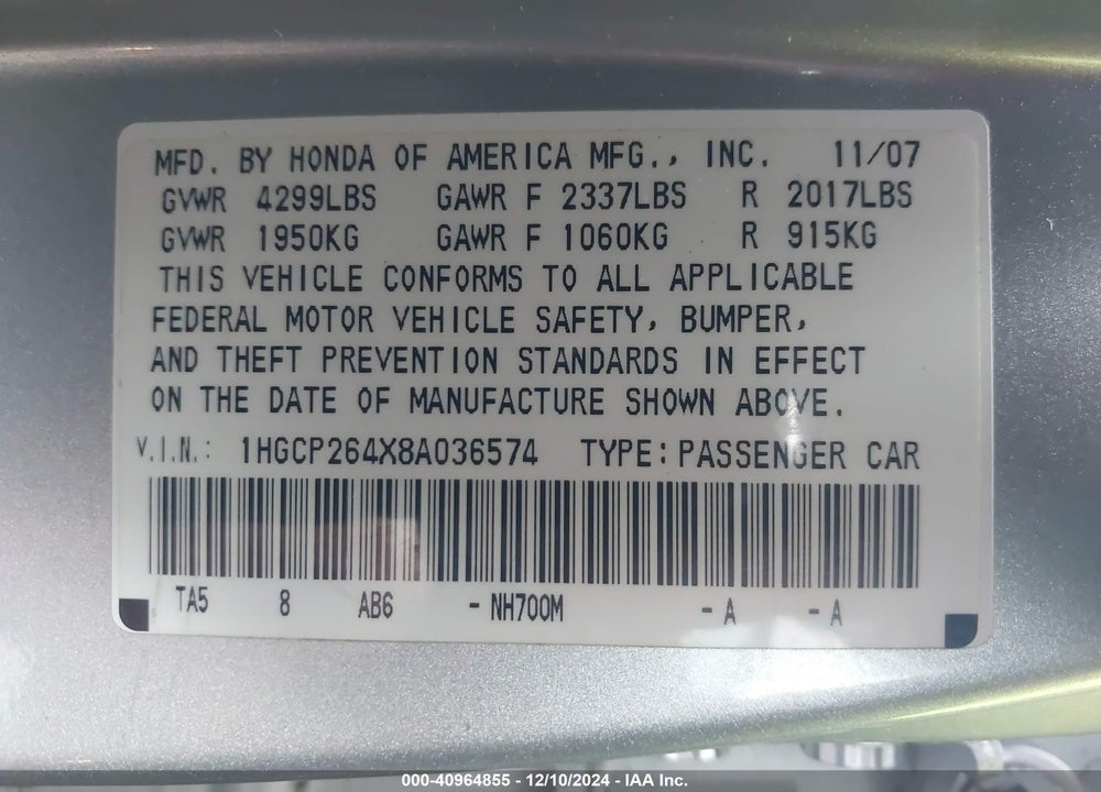 2008 HONDA ACCORD 2.4 LX-P VIN: 1HGCP264X8A036574
