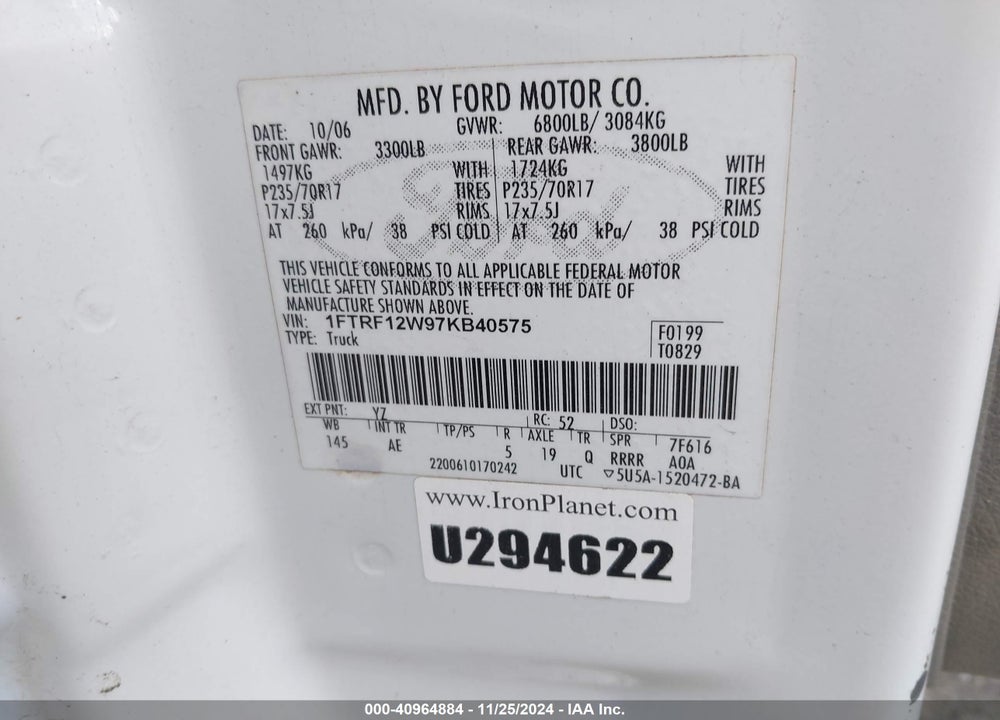 2007 FORD F-150 STX/XL/XLT VIN: 1FTRF12W97KB40575