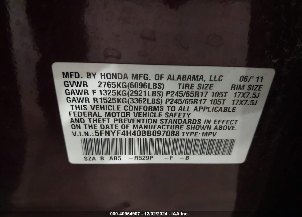 2011 HONDA PILOT EX VIN: 5FNYF4H40BB097088