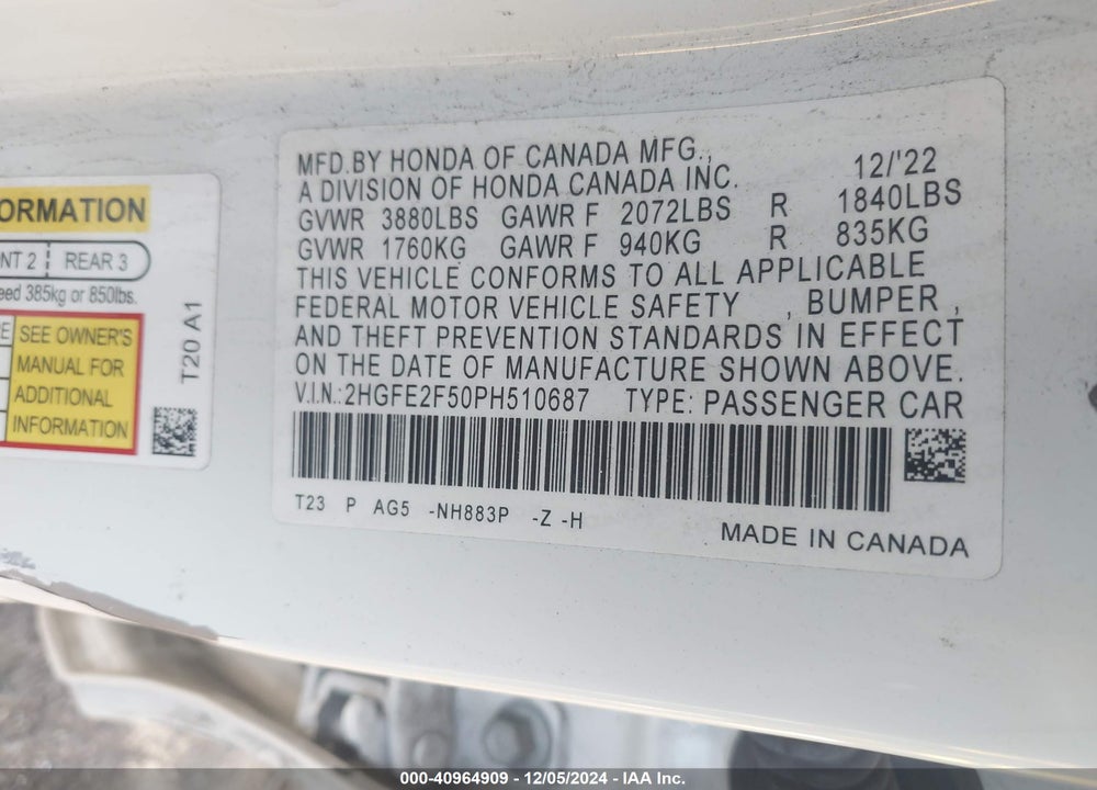 2023 HONDA CIVIC SPORT VIN: 2HGFE2F50PH510687