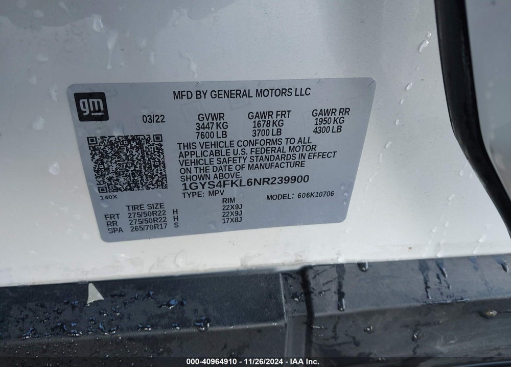 2022 CADILLAC ESCALADE 4WD SPORT VIN: 1GYS4FKL6NR239900