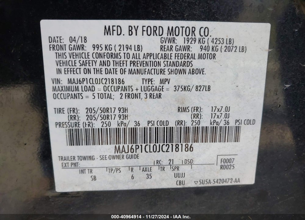 2018 FORD ECOSPORT SES VIN: MAJ6P1CL0JC218186
