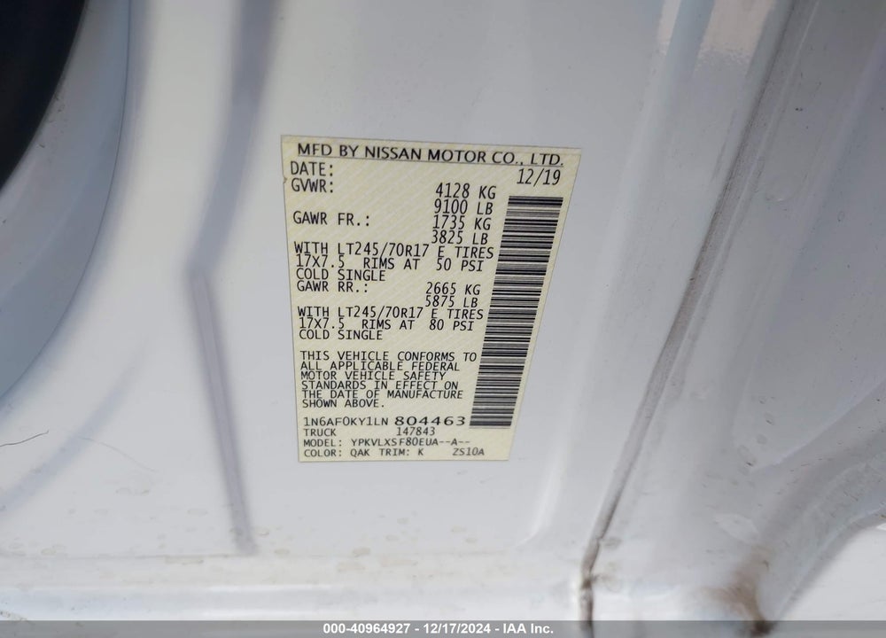 2020 NISSAN NV CARGO NV2500 HD SV STANDARD ROOF V8 VIN: 1N6AF0KY1LN804463