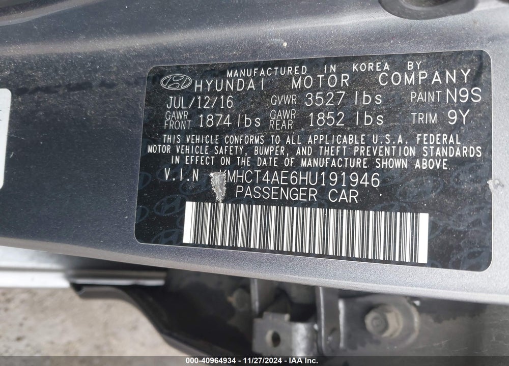 2017 HYUNDAI ACCENT SE VIN: KMHCT4AE6HU191946