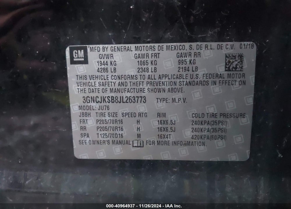 2018 CHEVROLET TRAX LS VIN: 3GNCJKSB8JL263773