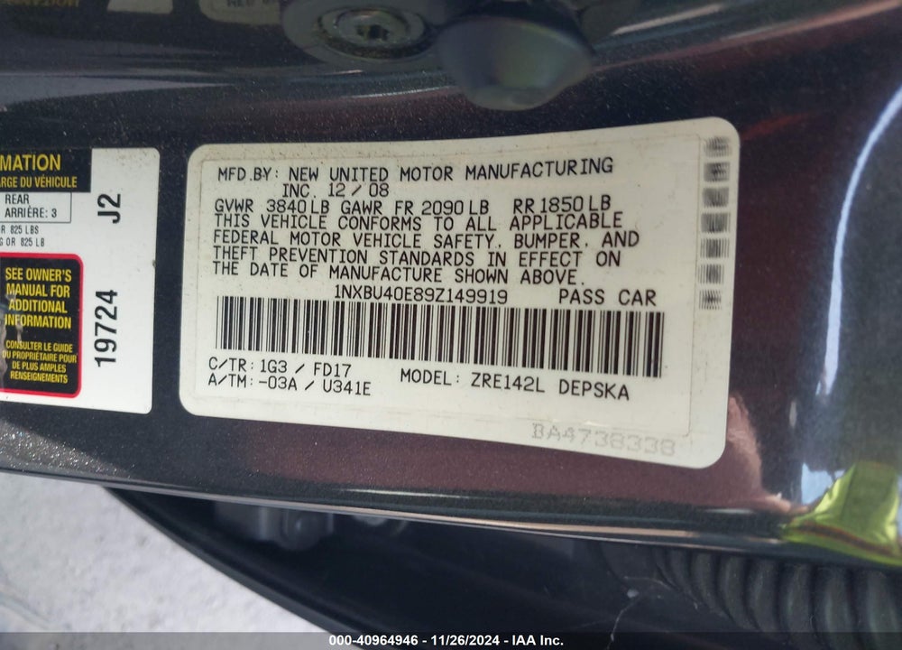 2009 TOYOTA COROLLA S VIN: 1NXBU40E89Z149919