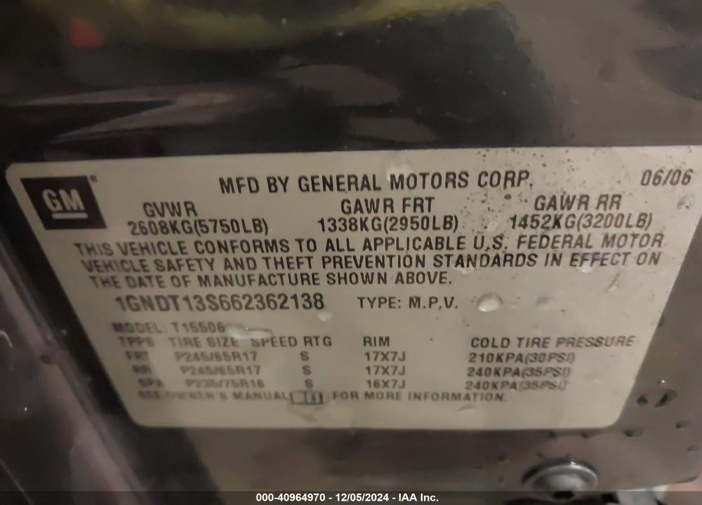 2006 CHEVROLET TRAILBLAZER LS VIN: 1GNDT13S662362138