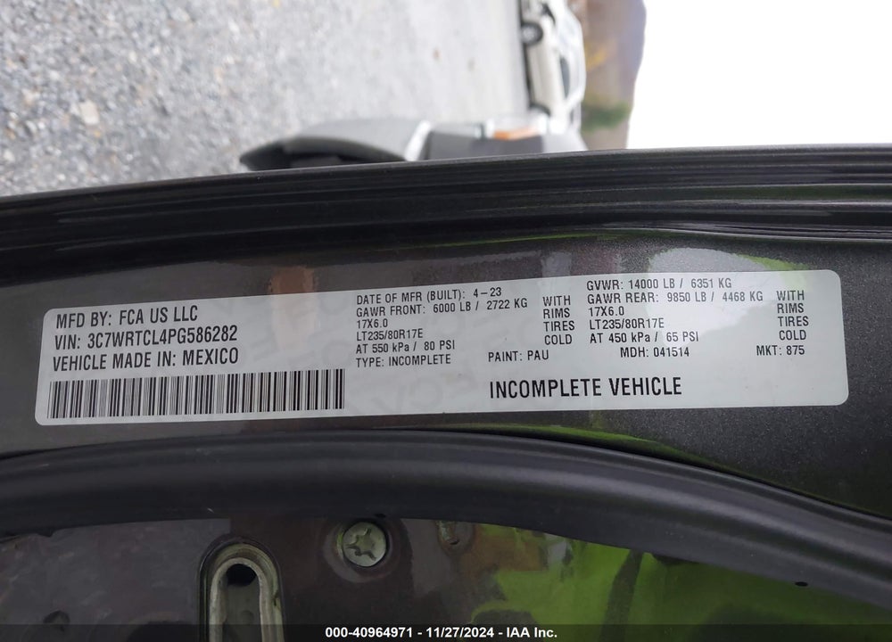 2023 RAM 3500 CHASSIS TRADESMAN/SLT/LAIE/LIMITED VIN: 3C7WRTCL4PG586282