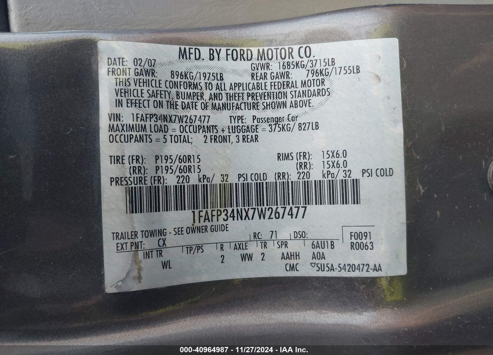 2007 FORD FOCUS S/SE/SES VIN: 1FAFP34NX7W267477