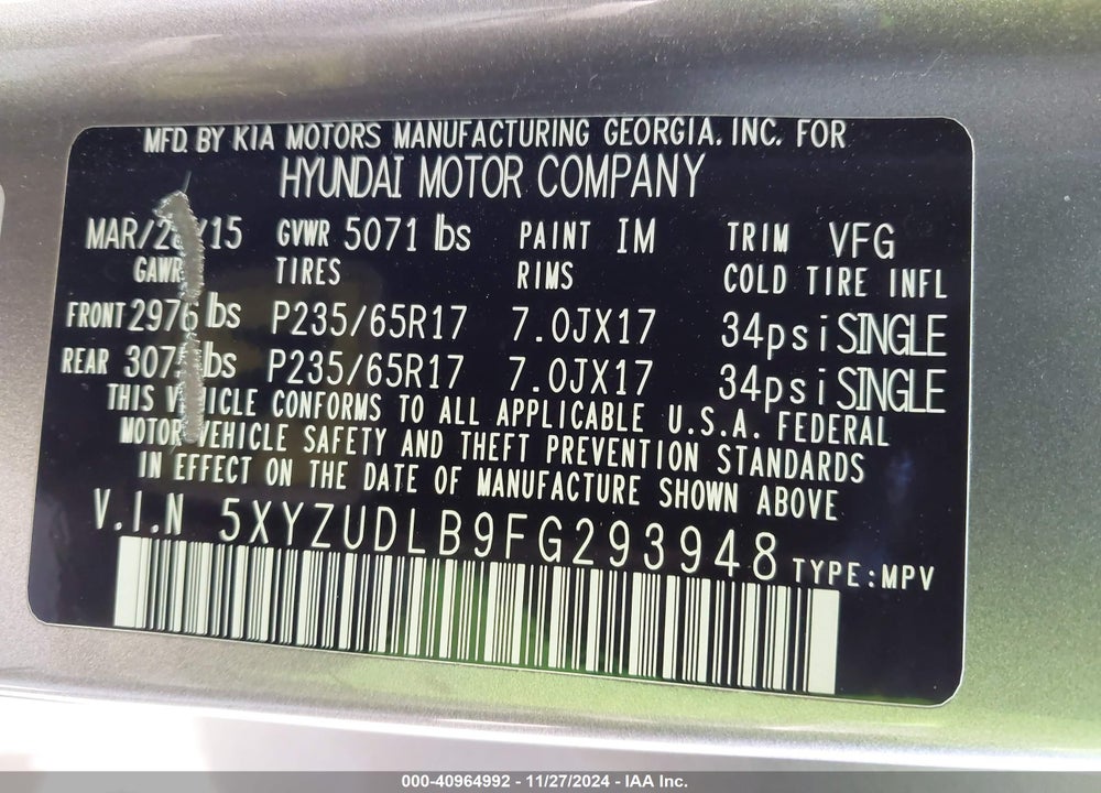 2015 HYUNDAI SANTA FE SPORT 2.4L VIN: 5XYZUDLB9FG293948