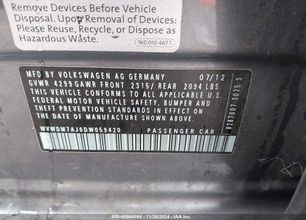 2013 VOLKSWAGEN GOLF VIN: WVWDM7AJ6DW059420