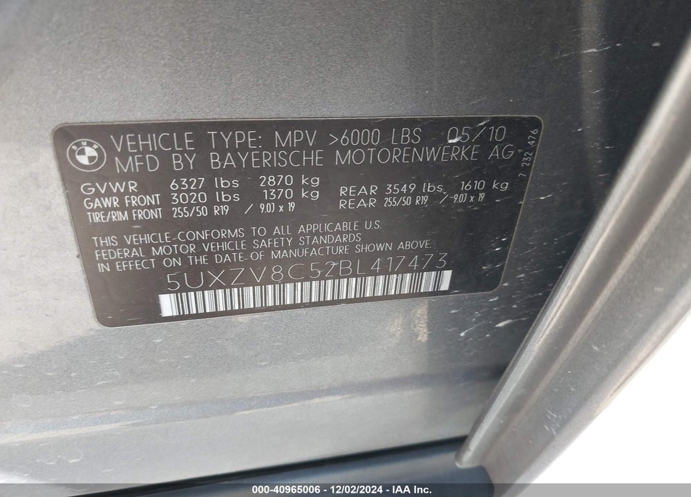 2011 BMW X5 XDRIVE50I VIN: 5UXZV8C52BL417473